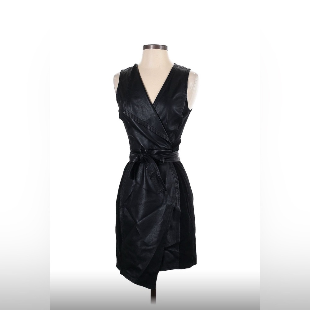 BCBGMAXAZRIA Faux Leather Chic Black Sleeveless Wrap Dress